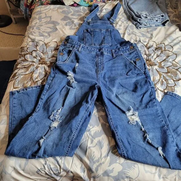 No Boundaries Blue Denim Distressed Overalls - Size LG - Picture 6 of 8